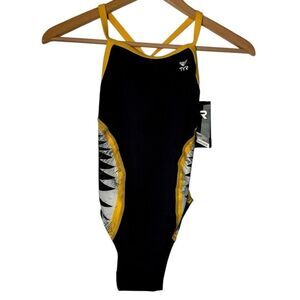 New TYR Shark Bite DiamondFit One Piece Swimsuit Bathing Suit Black Yellow 28 SM